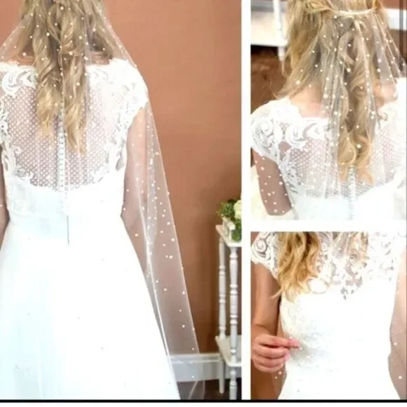Pearl Wedding Veil With Comb - Picture 2 of 10